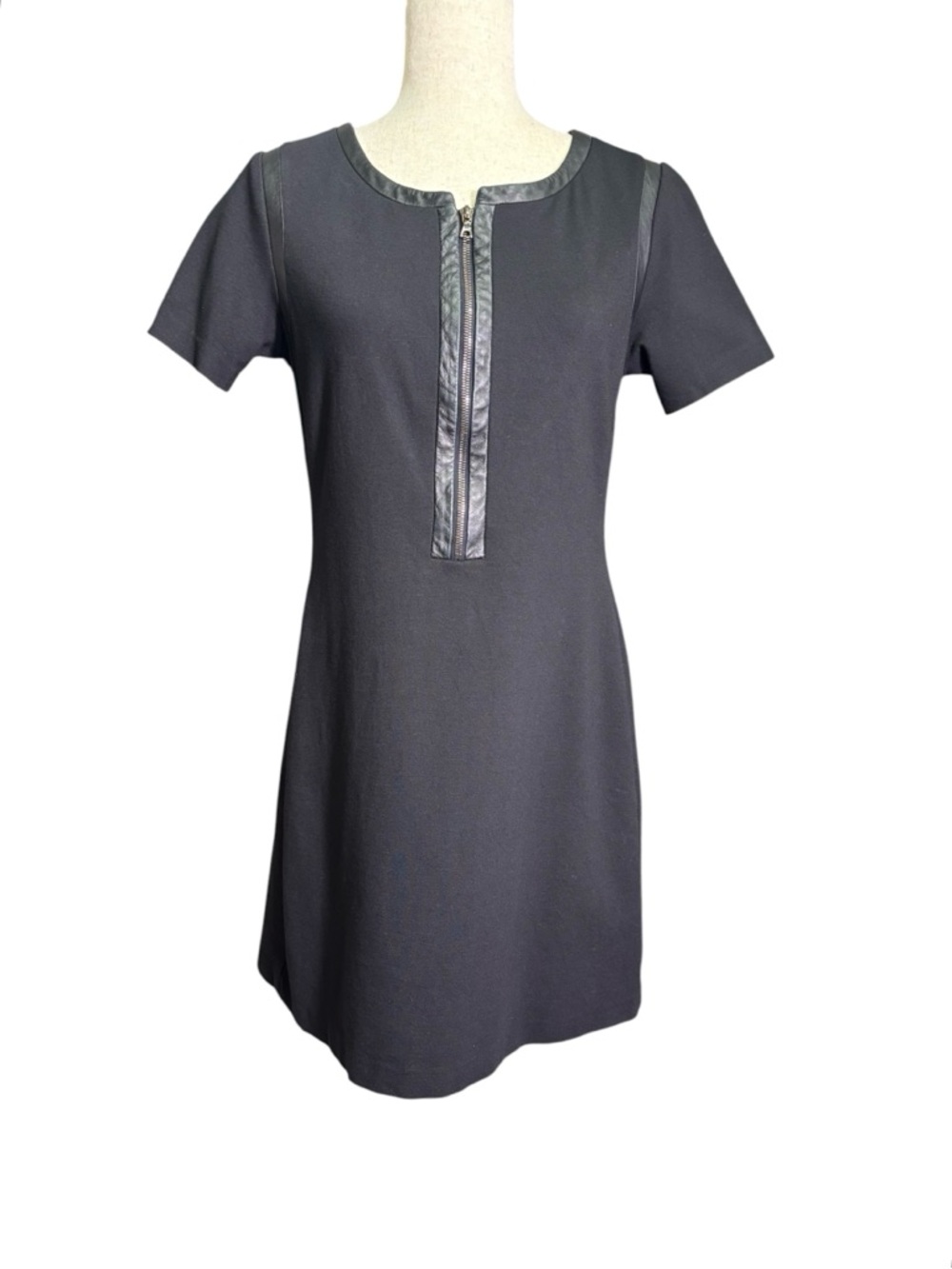 Yoana Baraschi Black Dress Faux Leather Trim Zip Front Corporate Goth Minimalist